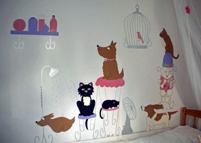 Image of cat and dog mural for girl's room