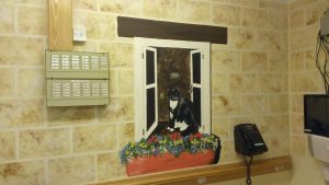Trompe l'oeil window with cat and window box