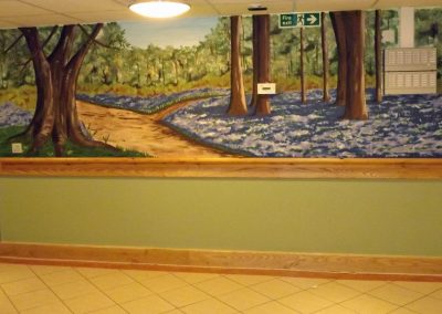 Bluebell wood mural in communal area of care home