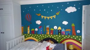 Illustration style mural with houses