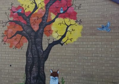 Tree mural with pigeon and fox