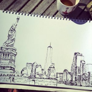 black and white drawing of New York skyline