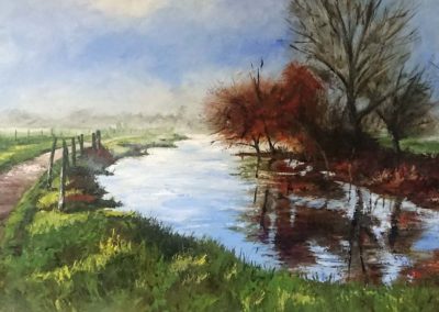 Misty morning landscape painting