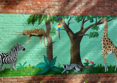 Jungle mural with zebra, giraffe, leopard and monkey