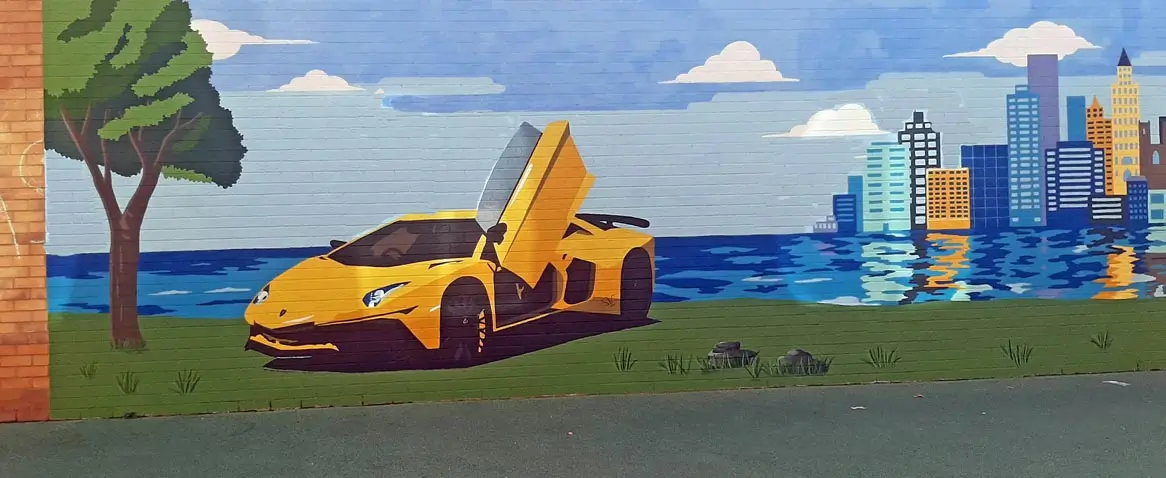 St-Andrews-Berry-lambourghini-hospital-mural Lamborghini car mural for St. Andrews Healthcare