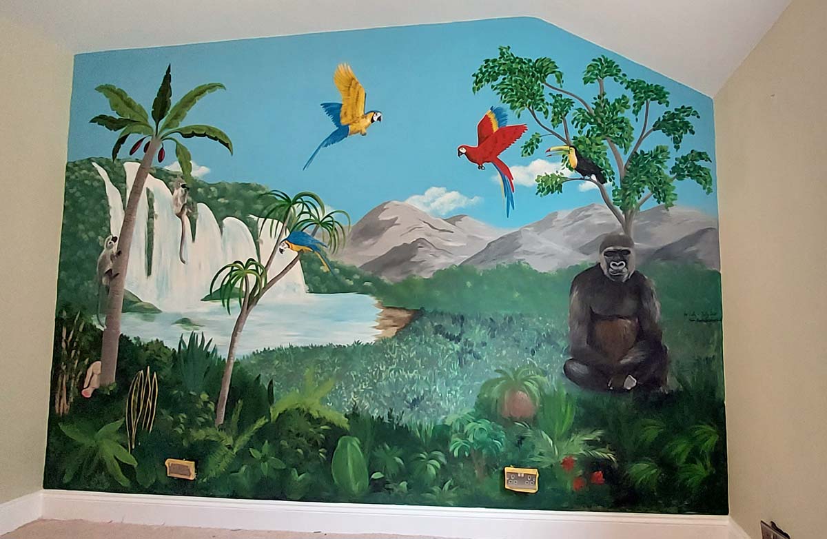 Jungle mural with parrots and gorilla
