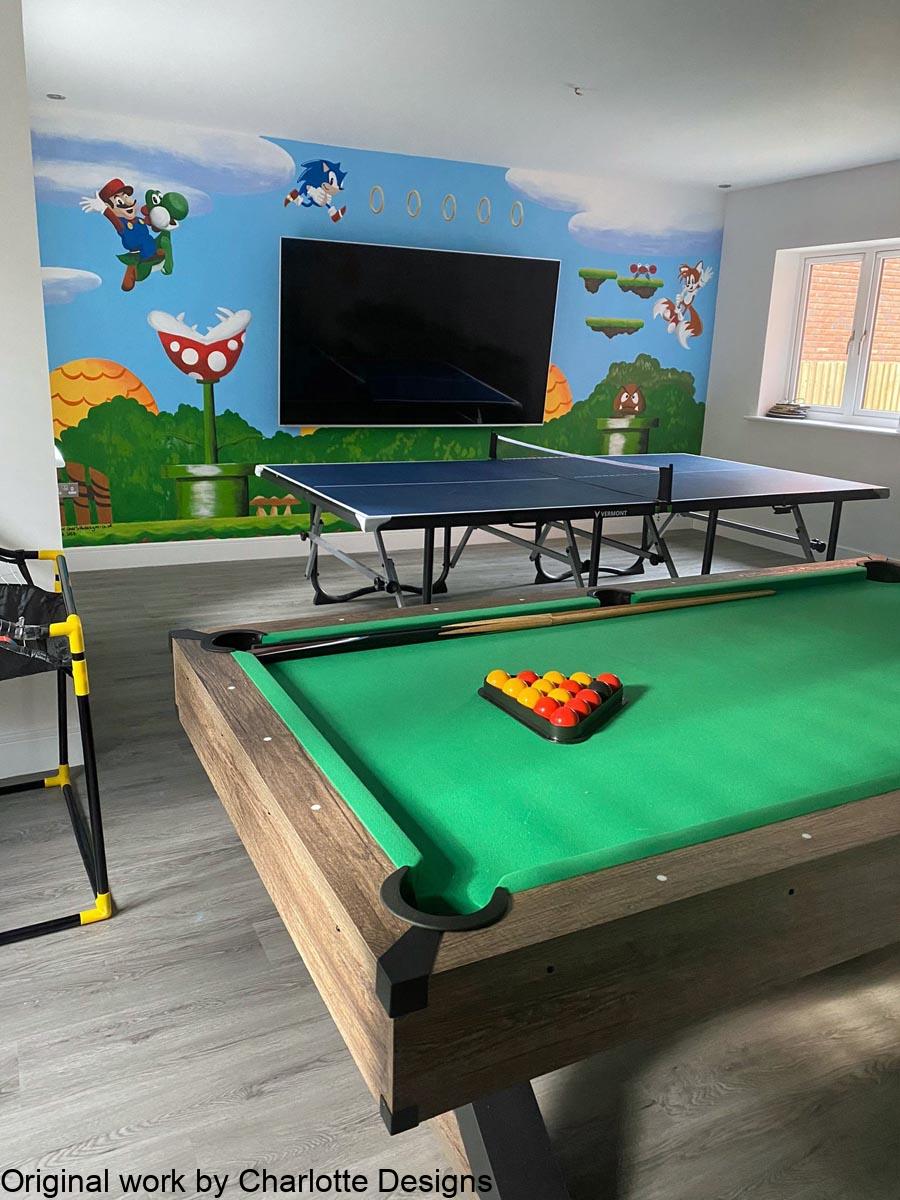 Games room mural with Super mario and Sonic the Hedgehog