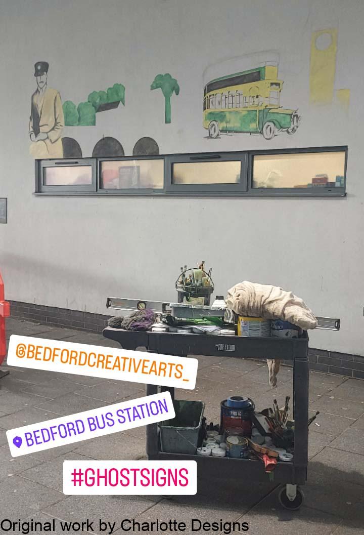 Progress shot of joseph clough mural bedford bus station
