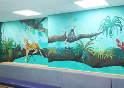 Jungle mural in hospital reception with leapard