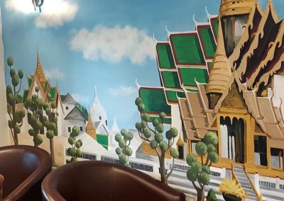 Emerald temple mural in a Thai restaurant