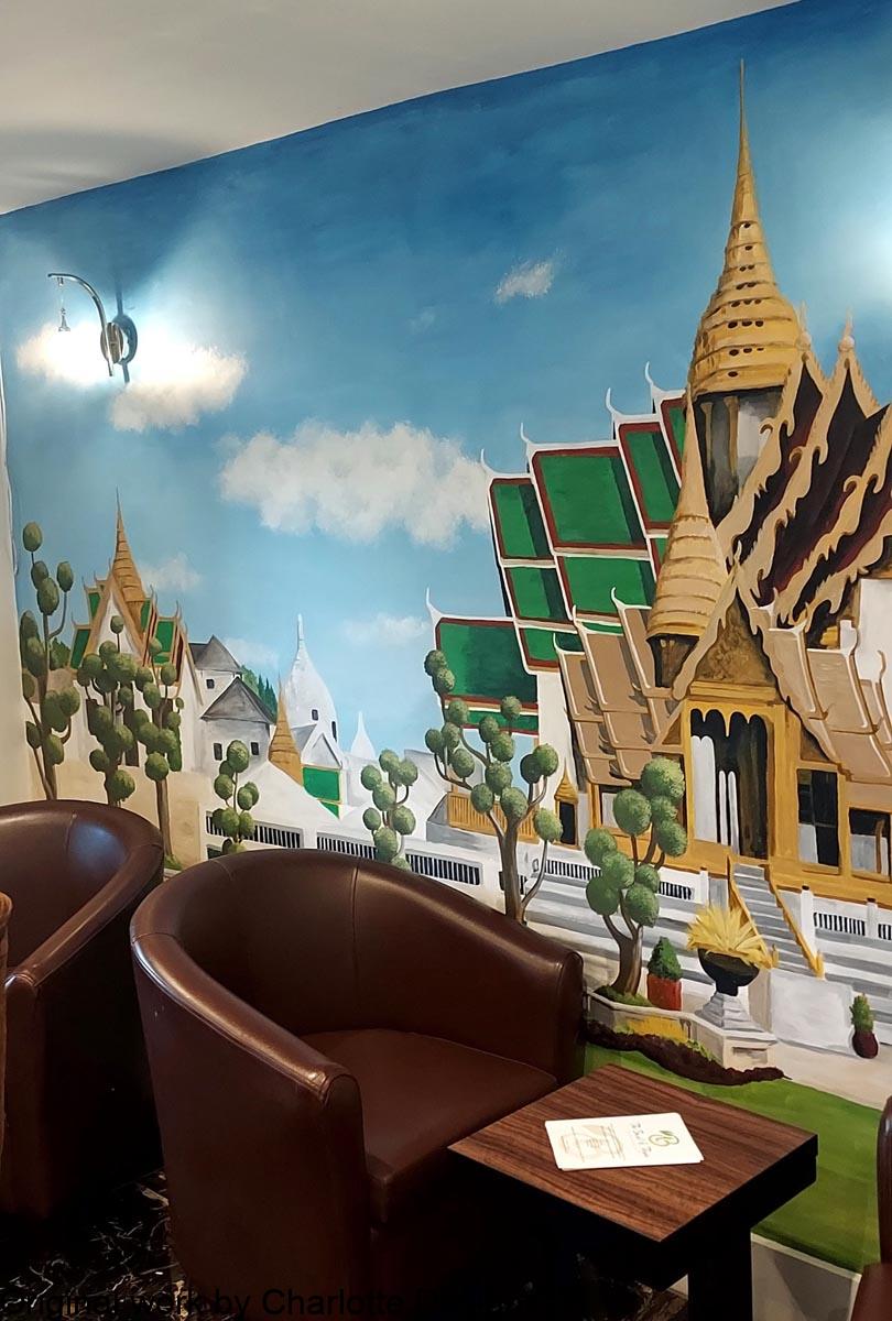 Emerald temple mural in a Thai restaurant
