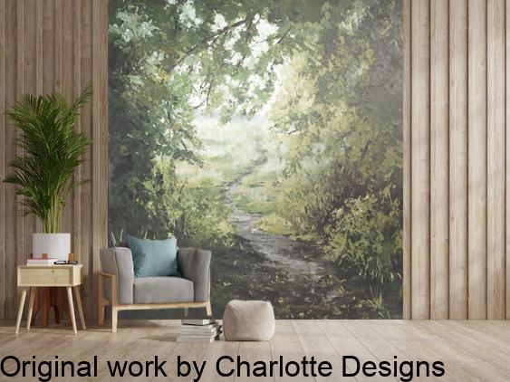 printed wallpaper mural of path and green trees in muted colours