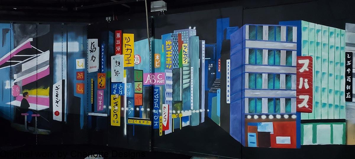Tokyo skyline mural in Bedford