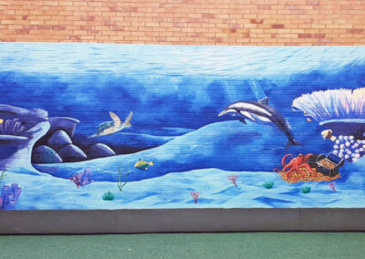 Undersea mural with dolphin and turtle