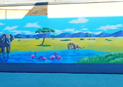 Willow ward Kenyan savannah mural with elephant zebra lion and flamingo