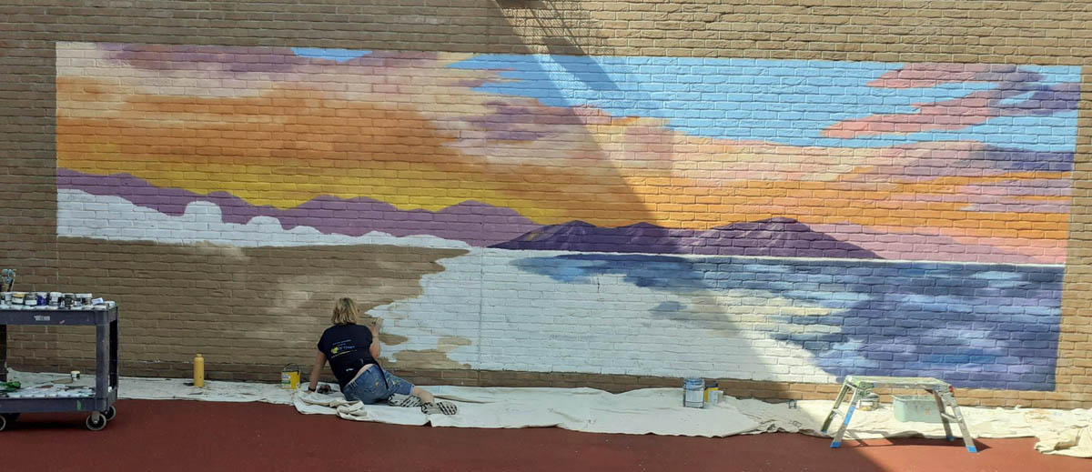 me painting pritchard Sarah Hoggkins mural artist painting hospital ward mural