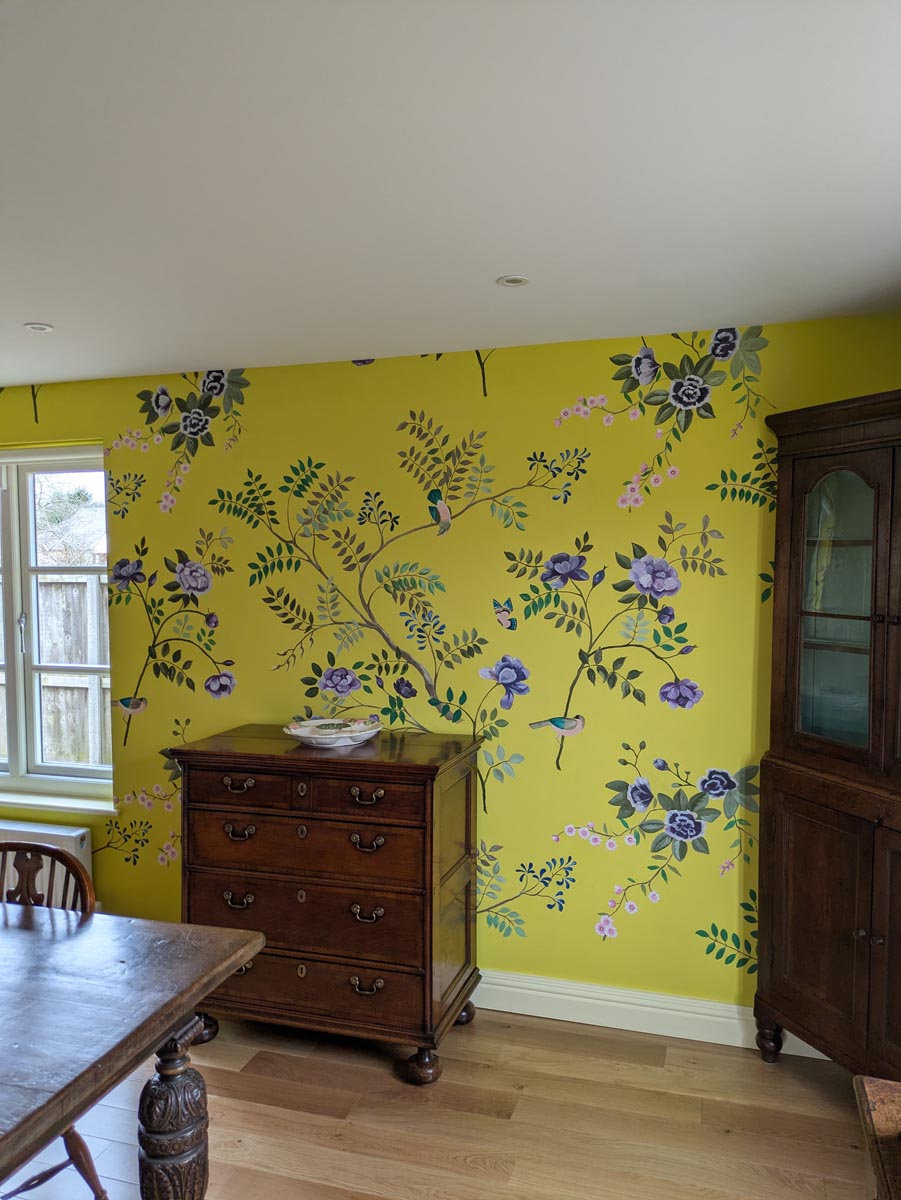 handpainted wallpaper 1 Mountain mural with swiss chalets and lake
