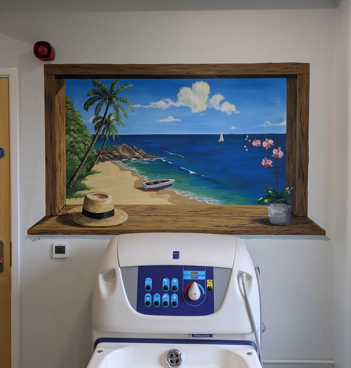 Tropical beach trompe l'oeil in Coventry bathroom
